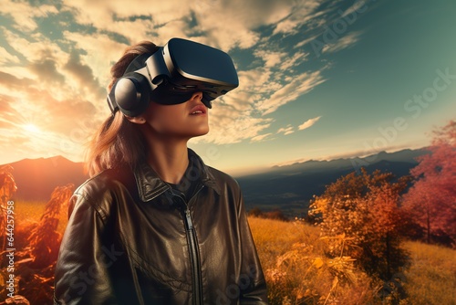 An attractive person wearing virtual reality headset, exploring nature with digital adds