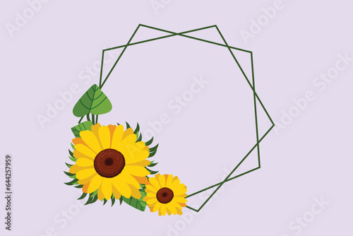 Sunflower and floral frame concept. Colored flat vector illustration isolated. 
