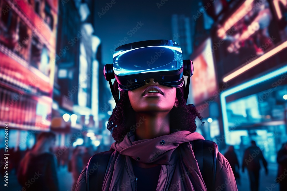 A person wearing virtual reality headset, exploring metaverse world of city of future