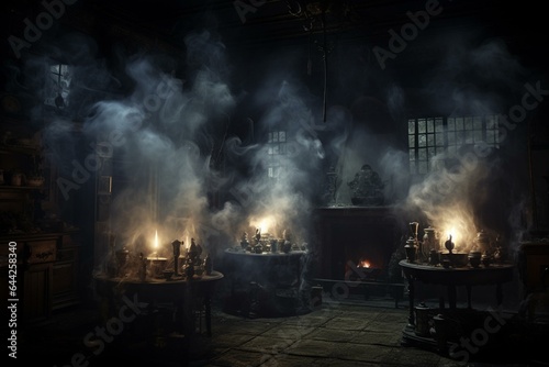 A dimly lit room with six candles and smoke wisps. Generative AI