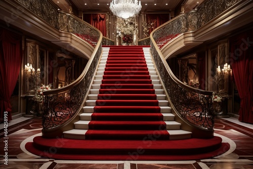 Opulent entrance showcasing a red carpet and magnificent staircase for VIPs. Generative AI