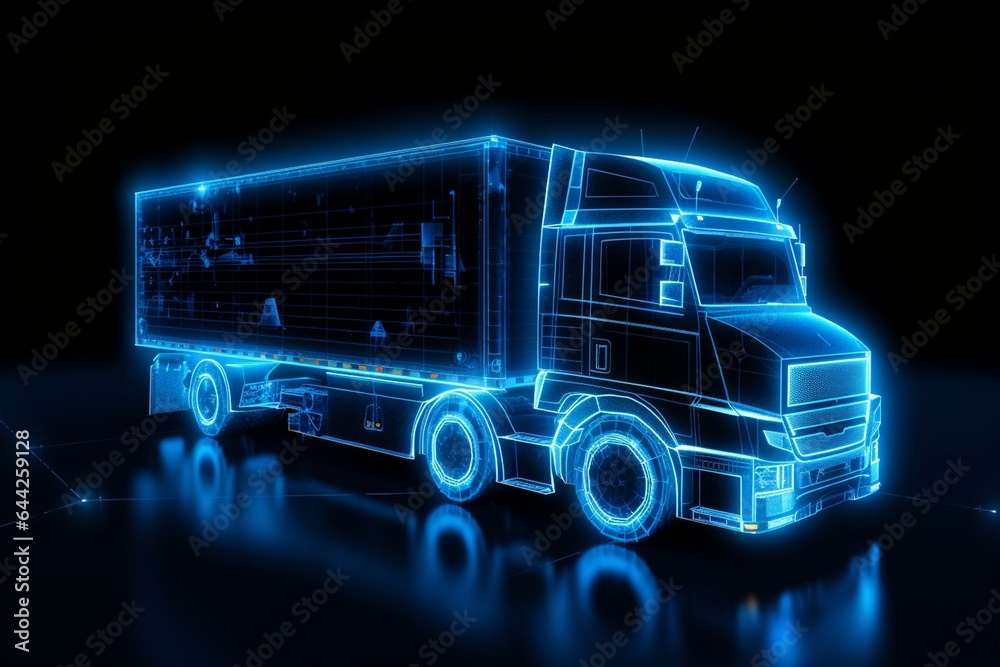 Futuristic glowing hologram lorry blueprint showcasing premium business finance technology for ultimate security. Generative AI