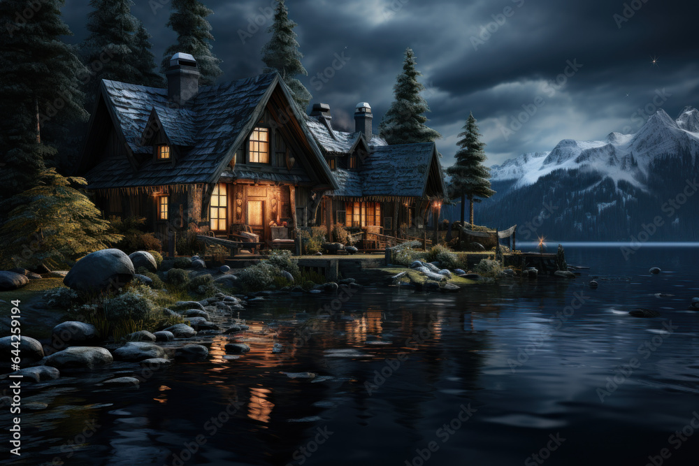 Obraz premium A secluded cabin in a snowy landscape offers a cozy retreat for those seeking solitude and rejuvenation during winter. Generative Ai.