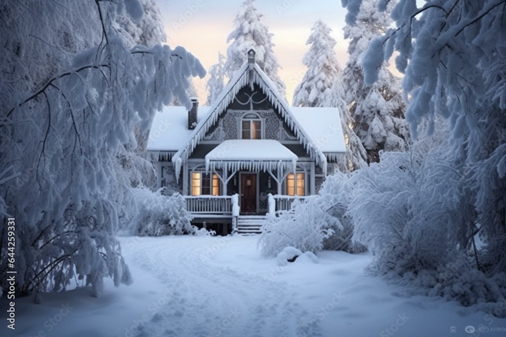 Snowy forest house with a joyful atmosphere. Generative AI