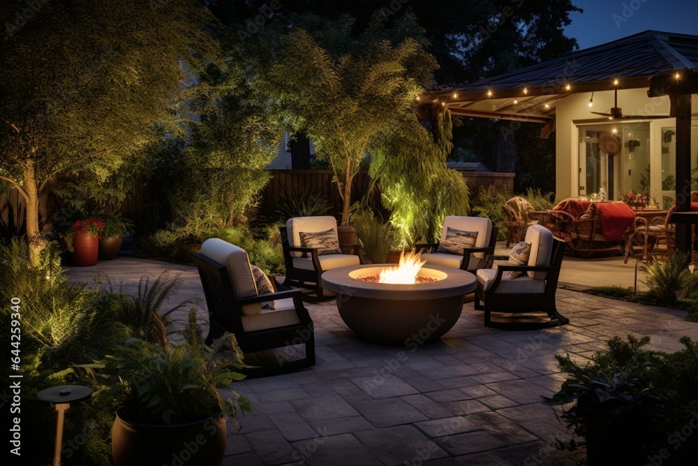 Nighttime patio with fire pit, surrounded by furnishings, trees, and plants. Generative AI