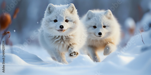 running white polar foxes in the snow