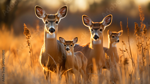 family of young deer, mother deer and deer at sunset in the field