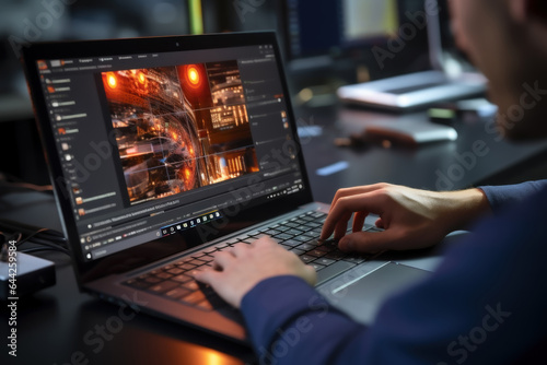 A close-up of a student's hand working on a laptop, researching and preparing for an upcoming presentation. Generative Ai.