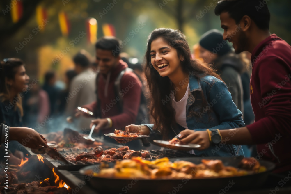 Indian students enthusiastically organizing a food festival, introducing their peers to the rich flavors of their cuisine. Generative Ai.