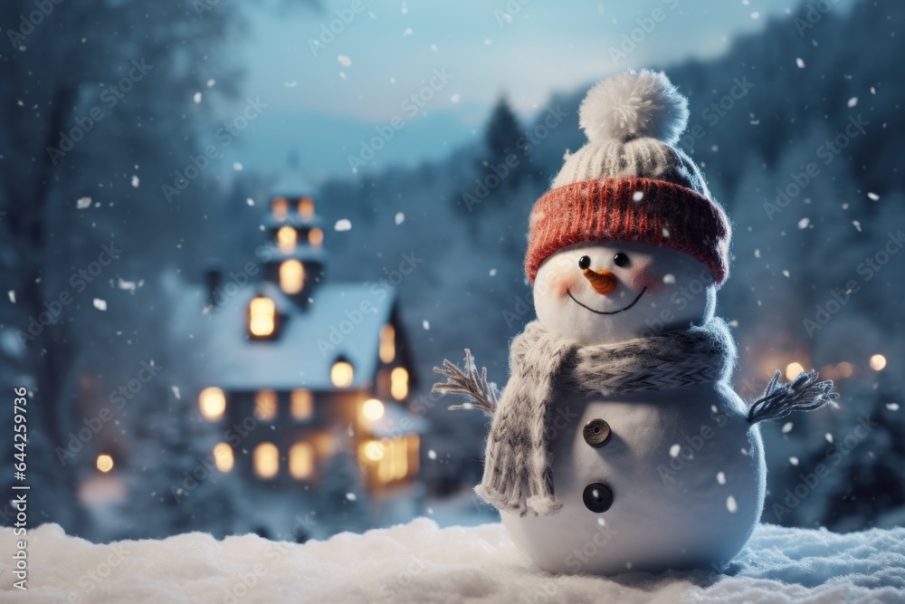 Happy Snowman as a symbol of Christmas and New Year holidays in the beautiful light of evening lights. Background