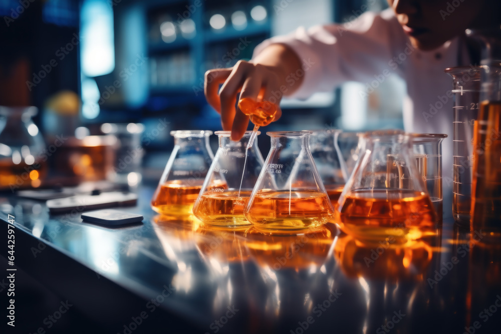 A close-up of a student's hand experimenting with chemicals in a lab, engaging in scientific exploration. Generative Ai. A close-up of a student's hand experimenting with chemicals in a lab, engaging in scientific exploration. Generative Ai.