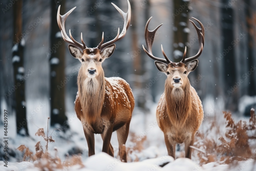 Deer in the forest. Merry christmas and happy new year concept, outdoor recreation in winter holidays. Background