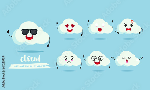 cute cloud cartoon wear sunglasses with many expressions. cloud different activity pose vector illustration flat design set.