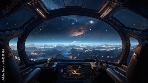 Fototapeta Naklejka Na Ścianę i Meble -  Futuristic spaceship interior with large panoramic window.