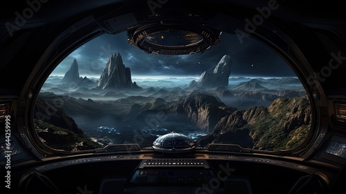 Fototapeta Naklejka Na Ścianę i Meble -  Futuristic spaceship interior with large panoramic window.