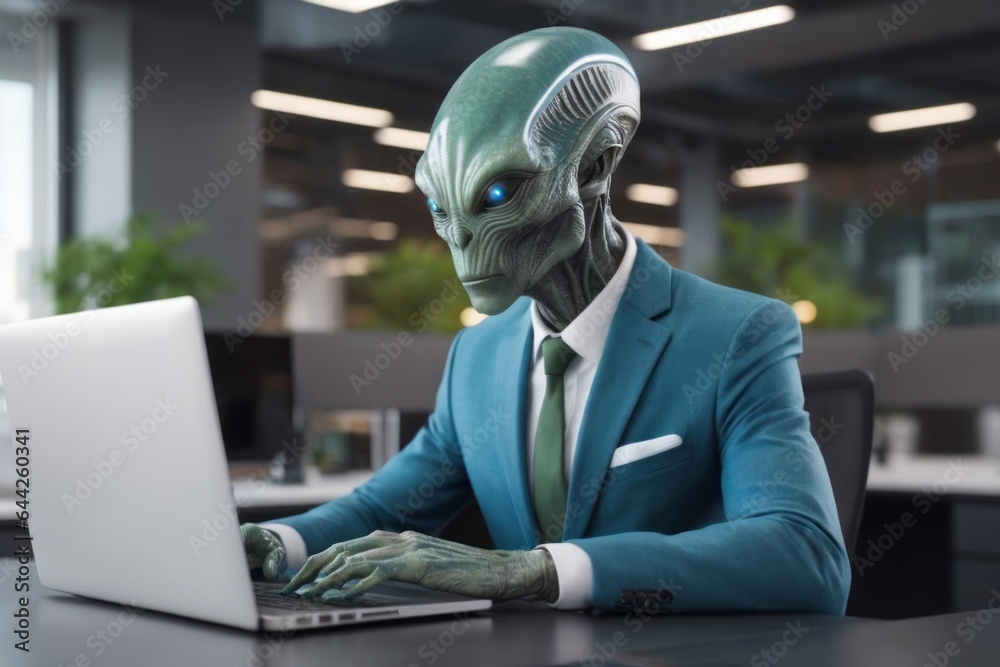 Alien with a laptop. Portrait with selective focus and copy space Alien with a laptop. Portrait with selective focus and copy space