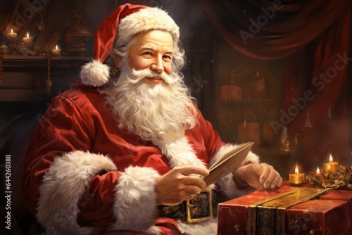 Santa Claus reads a letter of wishes in postcard style. Merry christmas and happy new year concept
