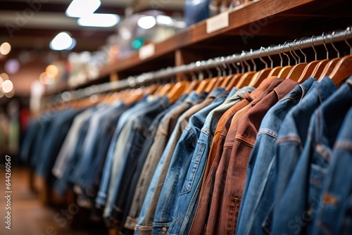 Many wooden plastic racks hangers with denim clothes male fashion dressing outfit in a shopping mall photo with selective focus
