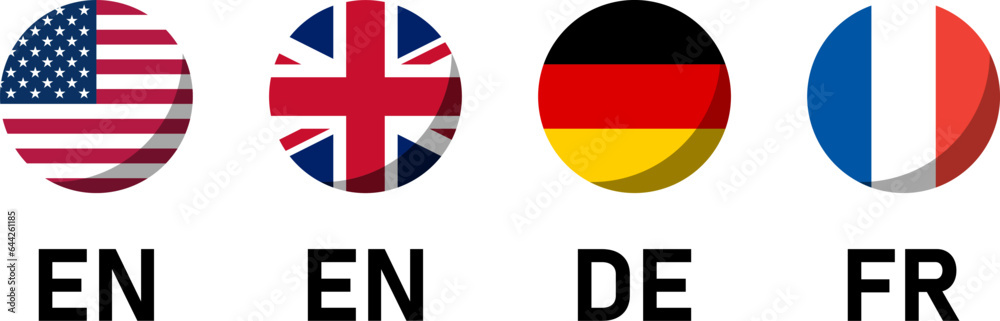 Round Flag Selection Button Badge Icon Set including USA, UK, Germany and France Flags with Language Codes for English German and French with 3D Shadow Effect. Vector Image. Round Flag Selection Button Badge Icon Set including USA, UK, Germany and France Flags with Language Codes for English German and French with 3D Shadow Effect. Vector Image.