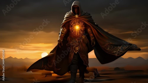 With magical runes engraved on his back the nomad is determined to venture forward. His robe is tattered revealing a glint of gold in the fading light of the sunset and a