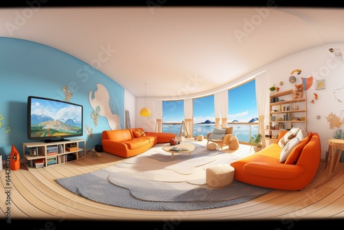Stunning 360° interior panorama in stylish living or kids room with VR content. Generative AI