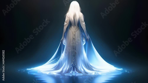 The Priestesss air of knowledge was one of mysticism and superstition. Her long white hair dd over her shoulders the strands cascading down her back like the river of silver photo