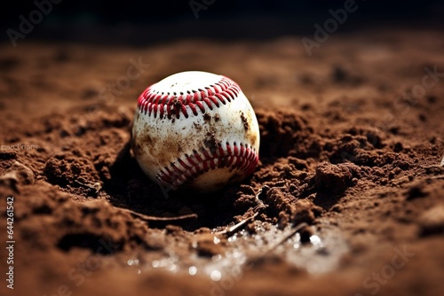 Baseball on dirt home plate. Generative AI
