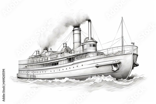 Illustration of vintage steam ship sketch on transparent background. Generative AI