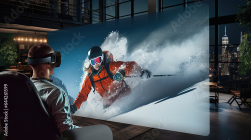 Man watching a woman skiing using VR goggles in his living room