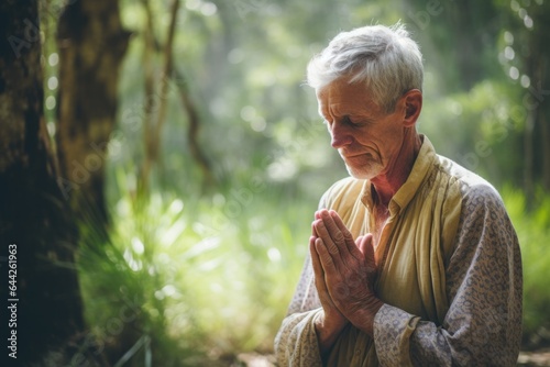 Intimate portrayal of a standing male aged 80 praying in the forest