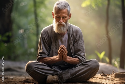 Expressive shot: a seated male aged 50 praying in the forest