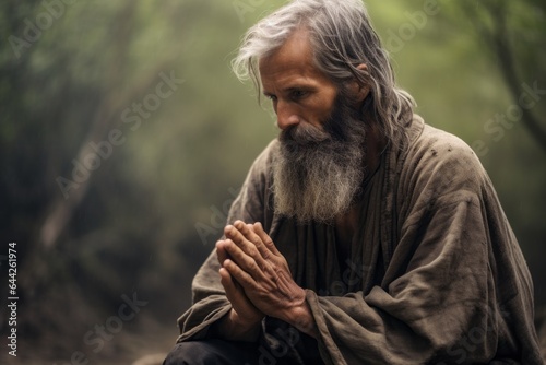 Intimate portrayal of a seated male aged 50 praying in the forest