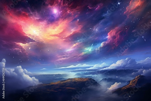 A heavenly sky with colorful ethereal clouds, stars, planets, nebulas, and radiant light. Generative AI