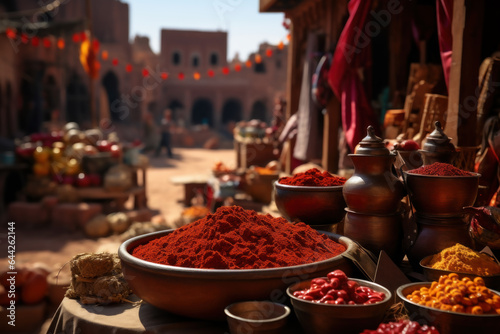 A bustling marketplace in Morocco, filled with vibrant textiles, spices, and crafts that embody the essence of Moroccan culture. Generative Ai.