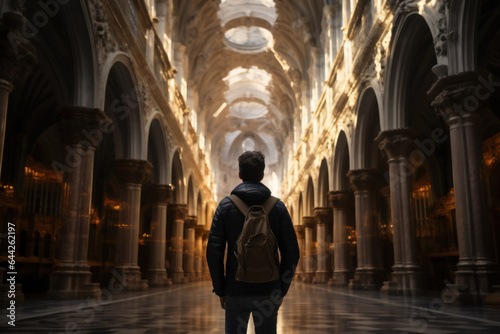 A person photographing the awe-inspiring architecture of a European cathedral, reflecting the artistic and historical legacy of Europe. Generative Ai. © Sebastian