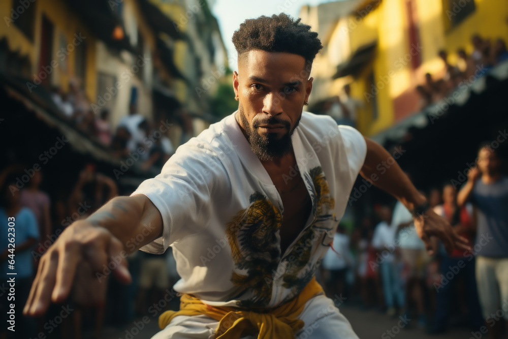 A person documenting the dynamic and rhythmic movements of capoeira, a Brazilian martial art that embodies the spirit of Brazil's culture. Generative Ai.