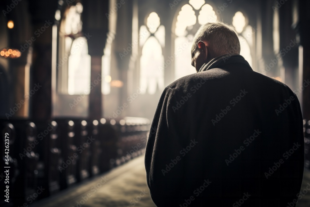 Capturing a moment: a standing male aged 65 praying in a church Capturing a moment: a standing male aged 65 praying in a church