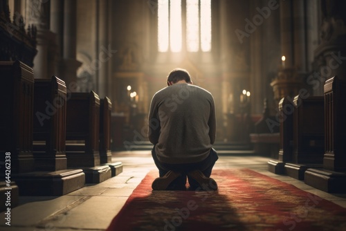 Capturing a moment: a kneeling male aged 30 praying in a church