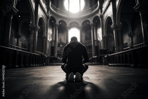 Emotive image of a kneeling male aged 20 praying in a church