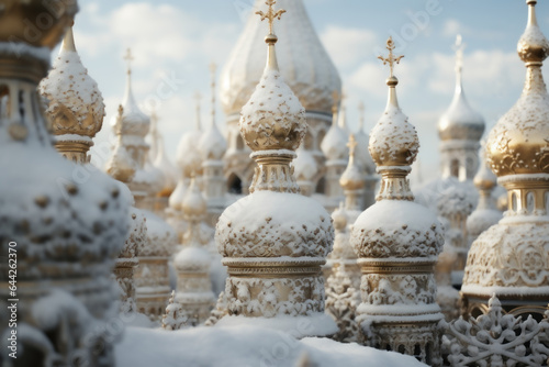 Lavish and ornate Russian Orthodox church domes against a backdrop of snow, representing the cultural and religious heritage of Russia. Generative Ai.