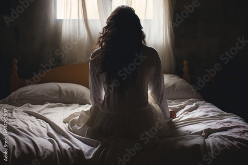 Expressive shot: a seated female aged 20 praying in her bed