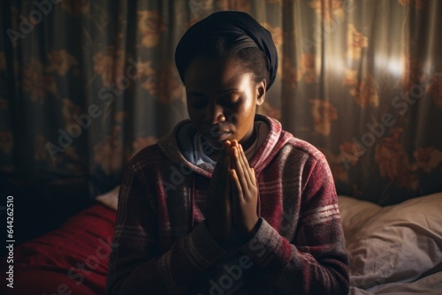 Expressive shot: a standing female aged 20 praying in her bed
