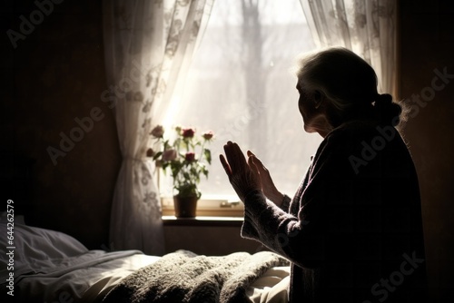 Expressive shot: a standing female aged 80 praying in her bed