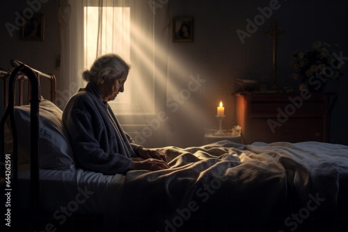Capturing a moment: a standing female aged 80 praying in her bed