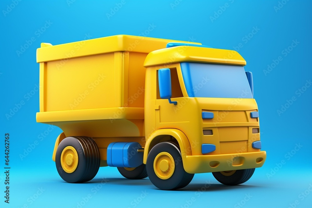 3D render of a yellow toy dump truck against a blue gradient background. Generative AI