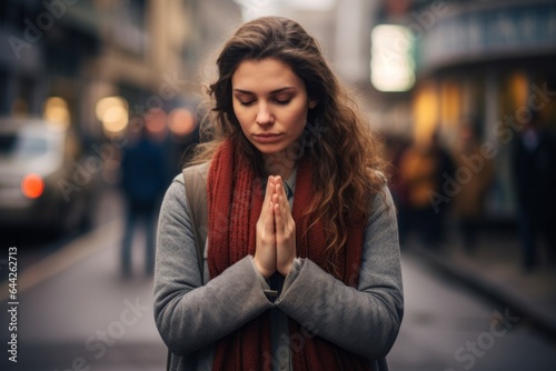 Emotive image of a standing female aged 20 praying in the street