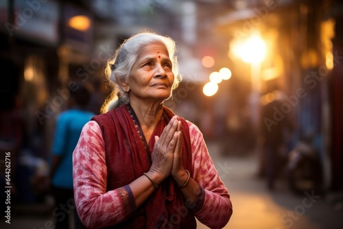 Capturing a moment: a standing female aged 50 praying in the street