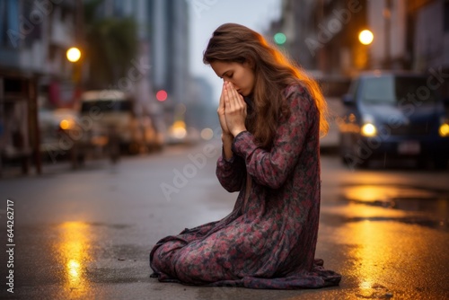 Expressive shot: a kneeling female aged 20 praying in the street