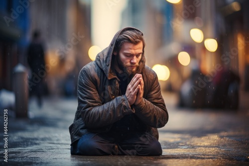 Expressive shot: a seated female aged 30 praying in the street, appearing homeless