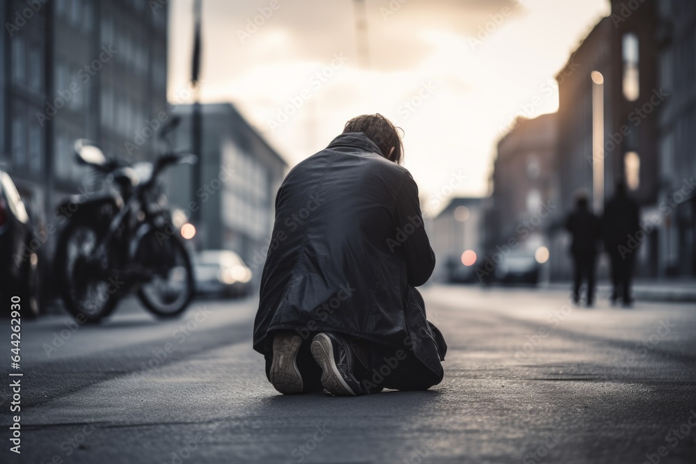 Obraz premium Expressive shot: a kneeling male aged 20 praying in the street, appearing homeless